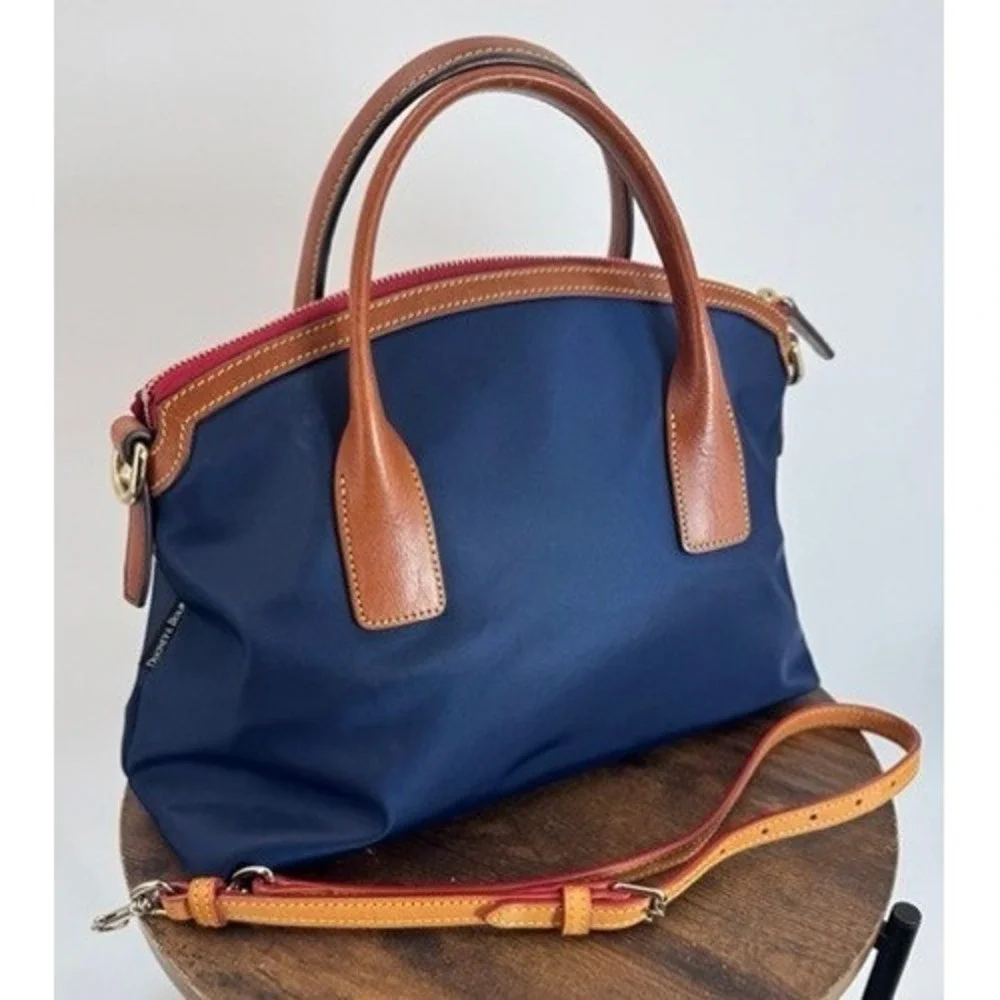 Dooney Bourke Navy Blue Wayfarer Domed Nylon Leather Trim Satchel Crossbody Bag